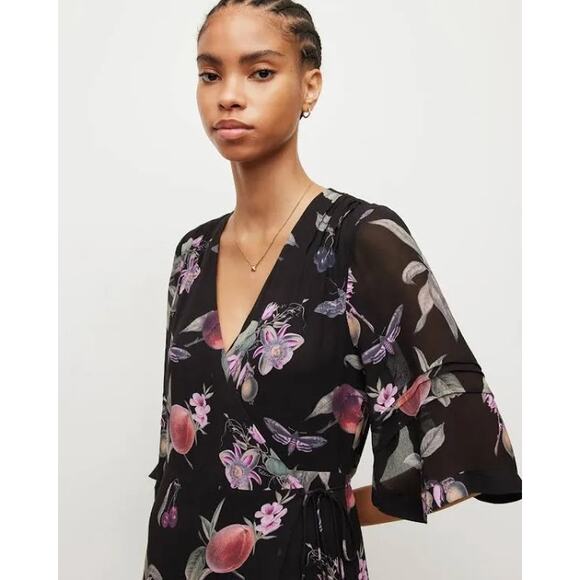 AllSaints Delana Soleil Midi Wrap Dress Women's 2 Black NWT **FLAWED** - Picture 11 of 12